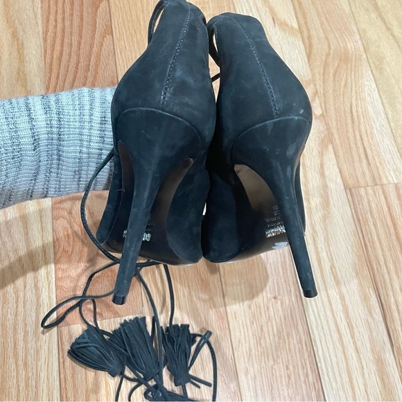 SCHUTZ Black Suede Lace Up Tassel Ankle Wrap Open Toe High Heel Yassu Sandals 10 - Picture 6 of 9
